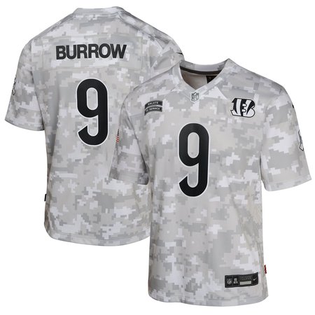 Youth Cincinnati Bengals Joe Burrow Nike Arctic Camo 2024 Salute to Service Game Jersey